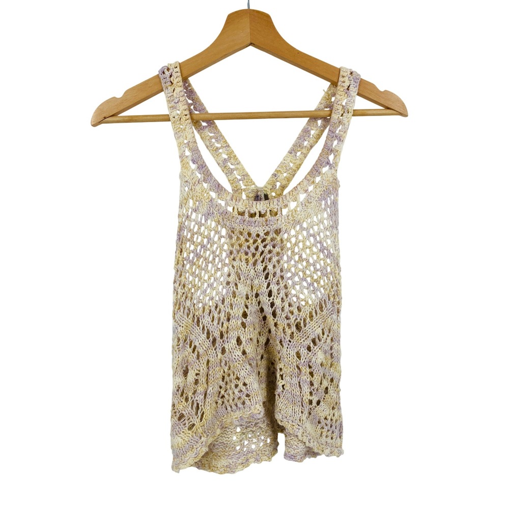 Free People Crochet Tank Top Women Small Cream Purple Racerback Open Knit Boho